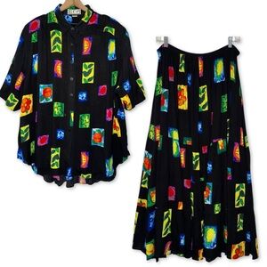 Colorful Flowy Floral Patterned Top & Maxi Skirt Set Rayon‎ Vintage